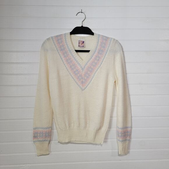 Offspring Wool Blend Sweater Academia V Neck Fair Isle Coquette Fairy VTG 70s - Picture 2 of 10